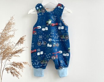 Baby boy girl reversible organic cotton harem tractor romper, Blue farm vehicle jumpsuit, Unisex baby shower gift handmade in Sweden