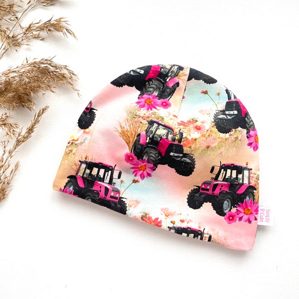 Pink Tractor Flower Beanie: Reversible Cotton Jersey Skicap Kids Adults, Fall Winter Headwear