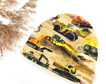 Dumptruck Beanie for Boys Digger Beanie Hat with Tractor Fleece Ski Hat Low Profile Under Helmet Excavator Toque Kids Chemo Cancer Cap