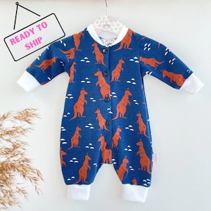Aussie animals long sleeve organic romper with kangaroos, Australian baby clothes, Unisex baby shower gift, Australiana coming home outfit