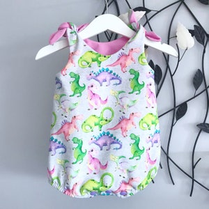 Baby girl dinosaur bubble romper, Tie shoulder pastel dino playsuit, Handmade baby girl clothing, Summer stretch cotton romper, RTS 3-6M