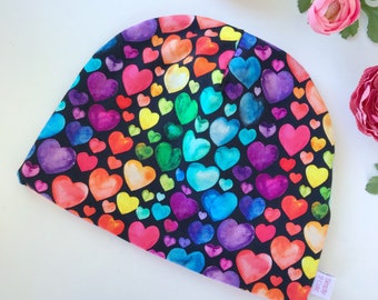 Rainbow Hearts Fleece Beanie, Black Rainbow Hearts Beanie Hat, Rainbow Love Hearts Beanie, Kids Heart Hat, Rainbow Hearts Toque Kids Adults