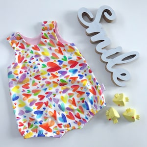 Rainbow hearts baby romper, Cotton baby bubble romper, Unisex baby playsuit, Multicoloured hearts sunsuit, Summer baby girl boy clothing