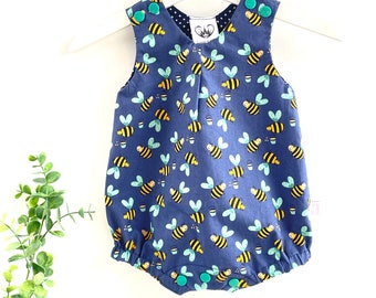 Bumble bee bubble romper, Gender neutral cotton playsuit, Tie shoulder sunsuit, Bee baby shower outfit, Infant toddler boy girl clothing