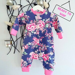 Floral cotton baby romper, Baby girl floral onepiece, Baby shower gift, Handmade baby clothes, Footless romper with flowers, 3-6 mths