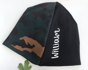 Personalized camoflauge beanie hat, Camo split beanie, Beanie with name, Adult camo skullcap, Personalized toddler beanie hat, Daddy and Son