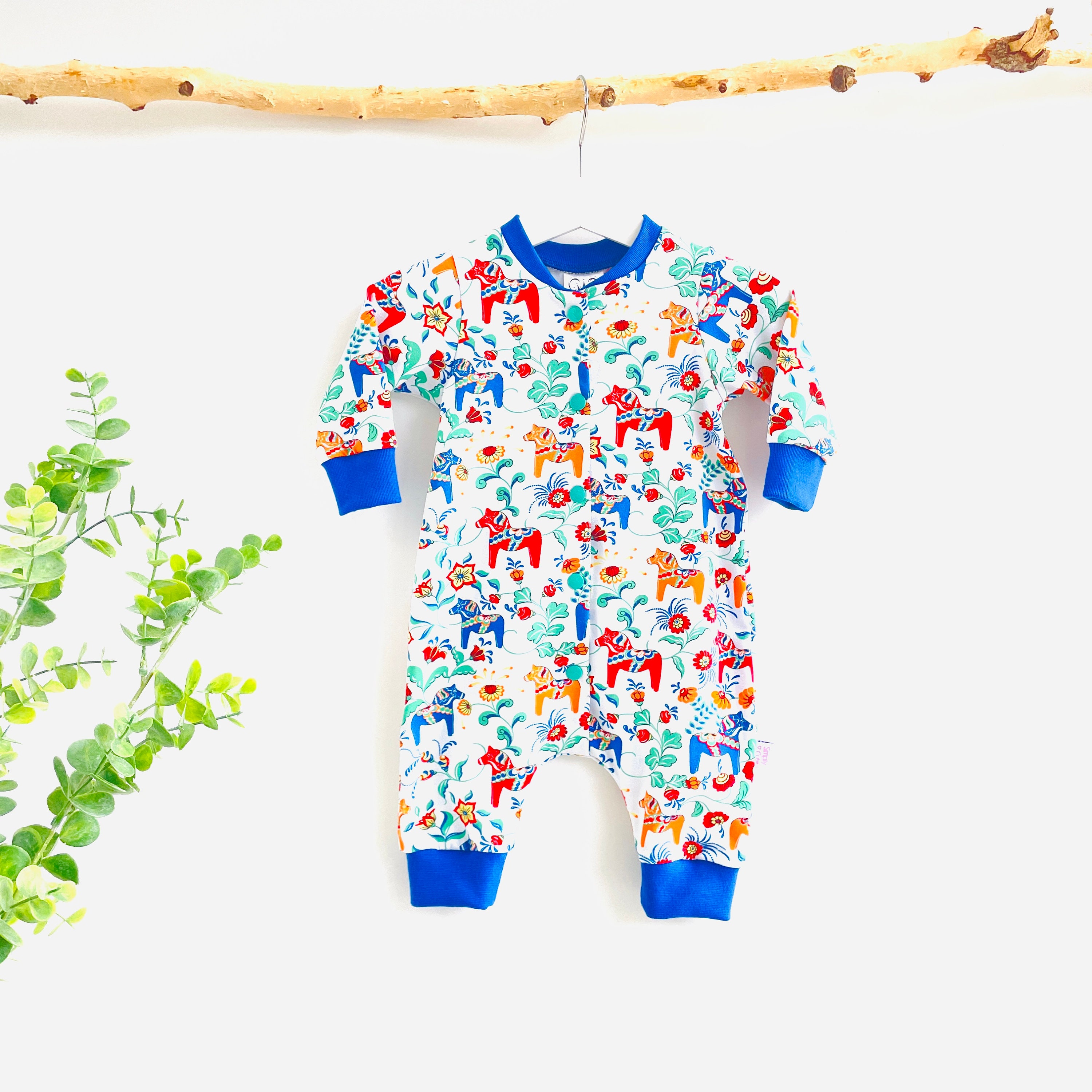 Dalahorse Print Baby Romper: Organic Cotton Swedish One-Piece