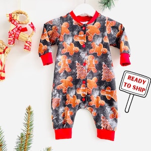 PRÊT À L'EXPÉDITION 3-6 mois, barboteuse bébé Noël pain d'épice, tenue photo carte de Noël, idée cadeau baby shower, une pièce des fêtes
