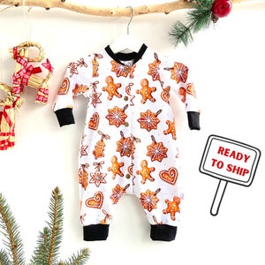 PRÊT À L'EXPÉDITION 3-6 mois, barboteuse de Noël unisexe biscuits en pain d'épice, carte de Noël photo de famille tenue, cadeau de baby shower pour les fêtes de fin d'année