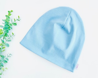 Adult satin lined slouchy beanie hat, Light weight blue satin lined toque bonnet, Unisex chemo alopecia cap, Curly hair protection cap