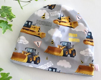 Bulldozer digger beanie for boys, Kids youth adult beanie hat, Soft reversible chemo cancer cap, Cotton under helmet liner, Birthday gift