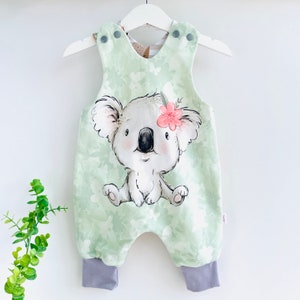 Koala Baby Romper, Organic Cotton Australian Animals Jumper, Aussie Animals Reversible Harem Dungarees, Handmade Baby Shower Gift