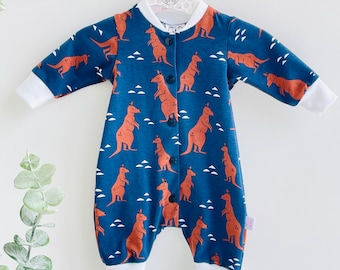 Aussie animals long sleeve organic romper with kangaroos, Australian baby clothes, Unisex baby shower gift, Australiana coming home outfit
