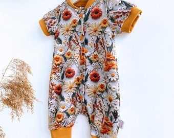 Floral boho shortsleeve baby romper RTS 0-3mth, Cottagecore Spring Summer onepiece, Girls Newborn Hospital Outfit, Handmade Baby Shower Gift