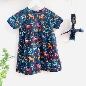Dala horse girls organic cotton dress, Baby toddler clothes from Sweden, Gift for Swedish Nordic baby Mom, Swedish folk art baby shower gift