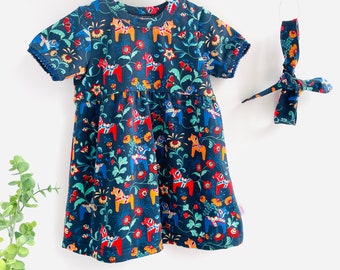 Dala horse girls organic cotton dress, Handmade clothes from Sweden, Nordic baby Mom gift, Swedish Scandi folk art baby shower gift RTS 3-6M