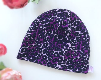 Satin lined kids beanie, Purple leopard toque, Satin lined sleep bonnet, Frizz control cap, Leopard print sleep cap, Leopard chemo cap kids