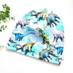 Peut inclure: Un bonnet bleu avec un imprimé aquarelle de dinosaures sur fond blanc. Le bonnet a une petite étiquette qui dit "Small"