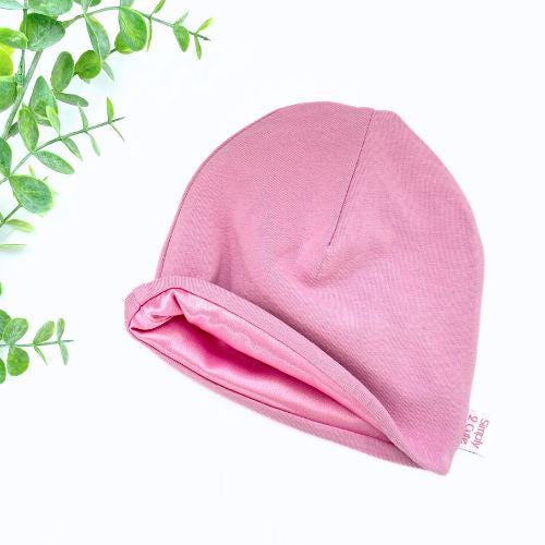 Satin Lined Slouchy Beanie Hat PINK, Organic Cotton Non-wool  display picture 2
