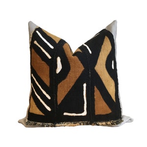 WASSA || Vintage Mudcloth Pillow Cover | Mixed Brown Mud Cloth and linen | Origin: Mali