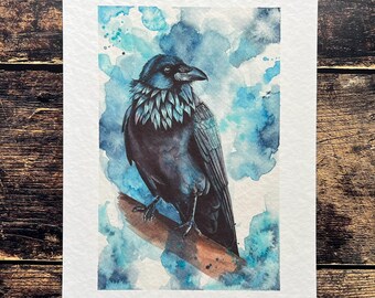 Raven Watercolour Art Print | Gothic Bird Wall Decor (A4)