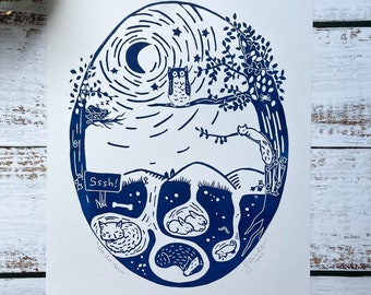 Owl & Sleeping Animals Lino Print | Welsh Lullaby Nursery Art