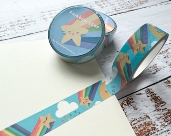 Rainbow stars washi tape. 10m, kawaii tape, planner, bullet journal, bujo, stars, rainbows, clouds.