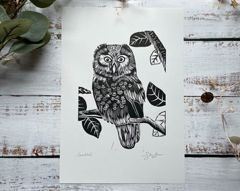 Owl lino print | linocut print, owl art, birding, bird art, bird print