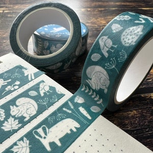 A close up of an illustrated woodland animals washi tape.