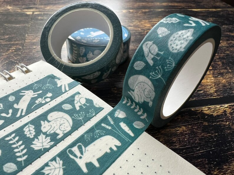 A close up of an illustrated woodland animals washi tape.