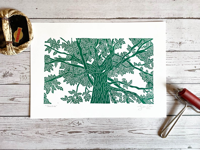 A green lino print of an oak tree. The perspective is from standing underneath the tree looking up to the top of it.