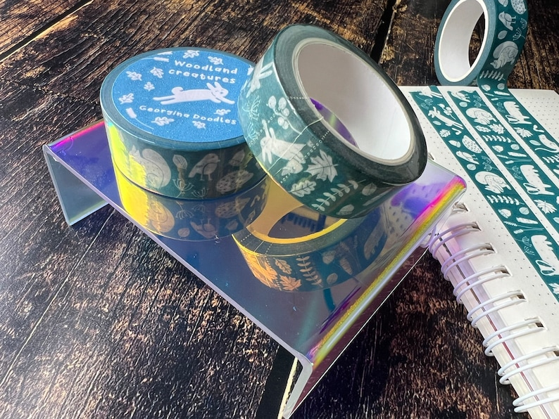 A close up of an illustrated woodland animals washi tape.