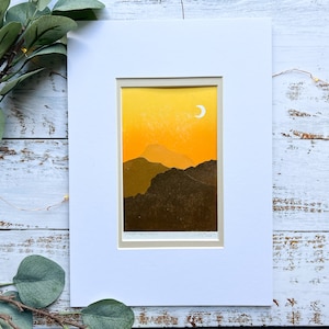 Sunset mountains lino print | mountains, sunset, lino print, mounted