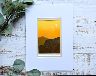 Sunset mountains lino print | mountains, sunset, lino print, mounted