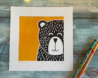 Black bear lino print | linocut print, nursery art, kids bedroom, nursery print, bear art, bear print, wall art, wall decor