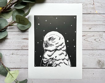 Snowy owl lino print | linocut, owl art, wall art