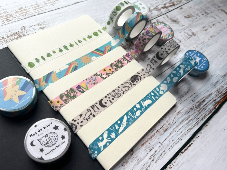 Five different washi tapes swatched on paper
