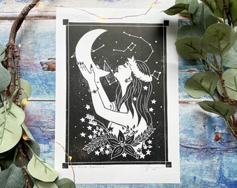 The divine feminine A4 lino print | Witch | Feminist | Moon