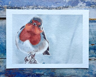 Robin in the snow A4 watercolour art print | bird art, wall art, wall decor, wildlife art, watercolour print, gifts for bird lovers