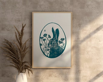 March Hare lino print | linocut print, hare, rabbit, animal lino print, gifts for animal lovers