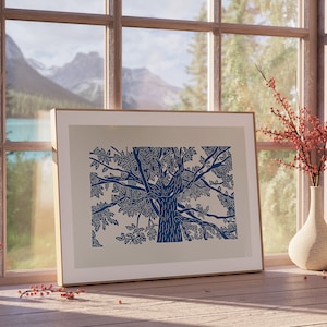 A blue lino print of an oak tree. The perspective is from standing underneath the tree looking up to the top of it.