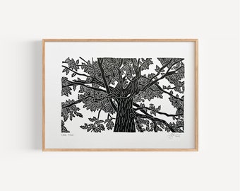 Oak tree lino print *as seen on TV* | linocut print, art print, landscape print, tree art