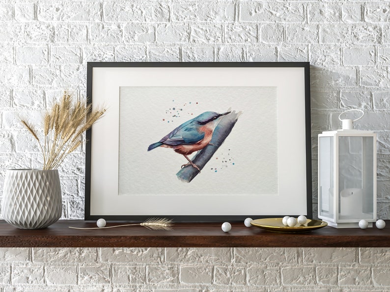 A watercolour print of a Nuthatch bird on a branch, painted very colourfully. Printed onto gorgeous textured archival paper.