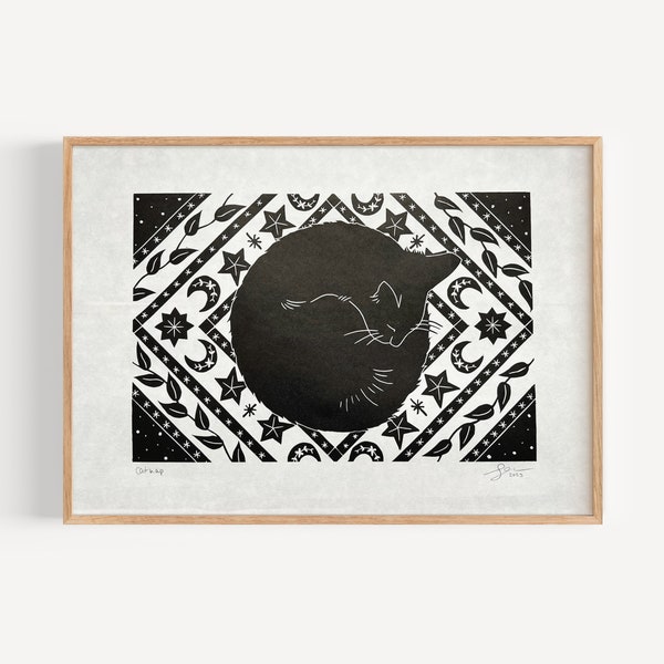 Black cat lino print A3 | cat nap, cat art, sleeping cat art, sleeping cat print, black cat, linocut print, A3 art, cat print