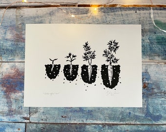 Gardening lino print | grow your own, growing carrots, gardening gift, gardening art