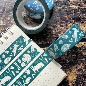 A close up of an illustrated woodland animals washi tape.