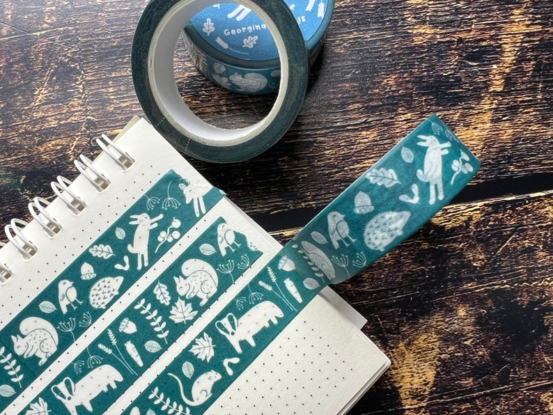 A close up of an illustrated woodland animals washi tape.