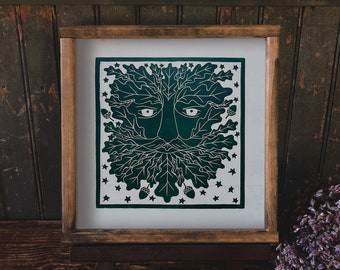 Green man lino print with oak leaves | folk art