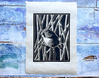 Bearded reedling lino print | linocut print, wall art, bird art, bird lino print, bearded tit, A4 lino print, gifts for bird lovers