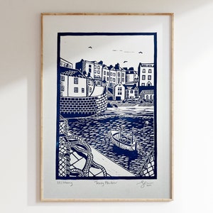 Tenby lino print | tenby harbour, A4 print, linocut print, pembrokeshire, welsh art, harbour art, seaside art, nautical art